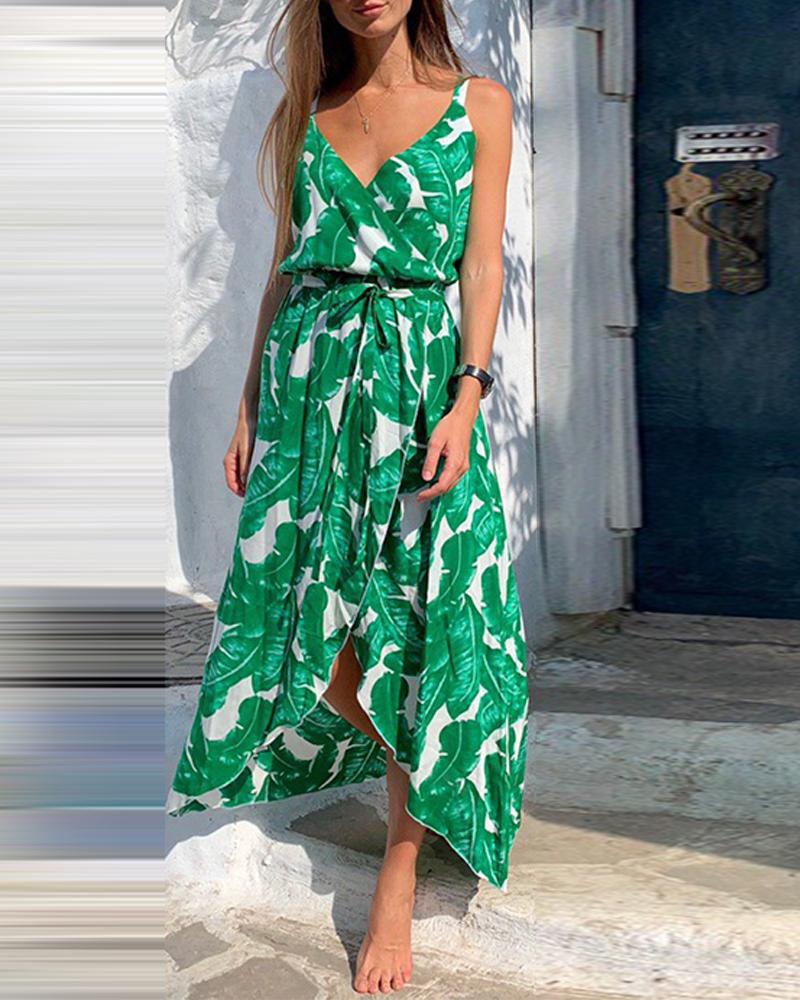 Leaf Print Tie Waist Midi Dress