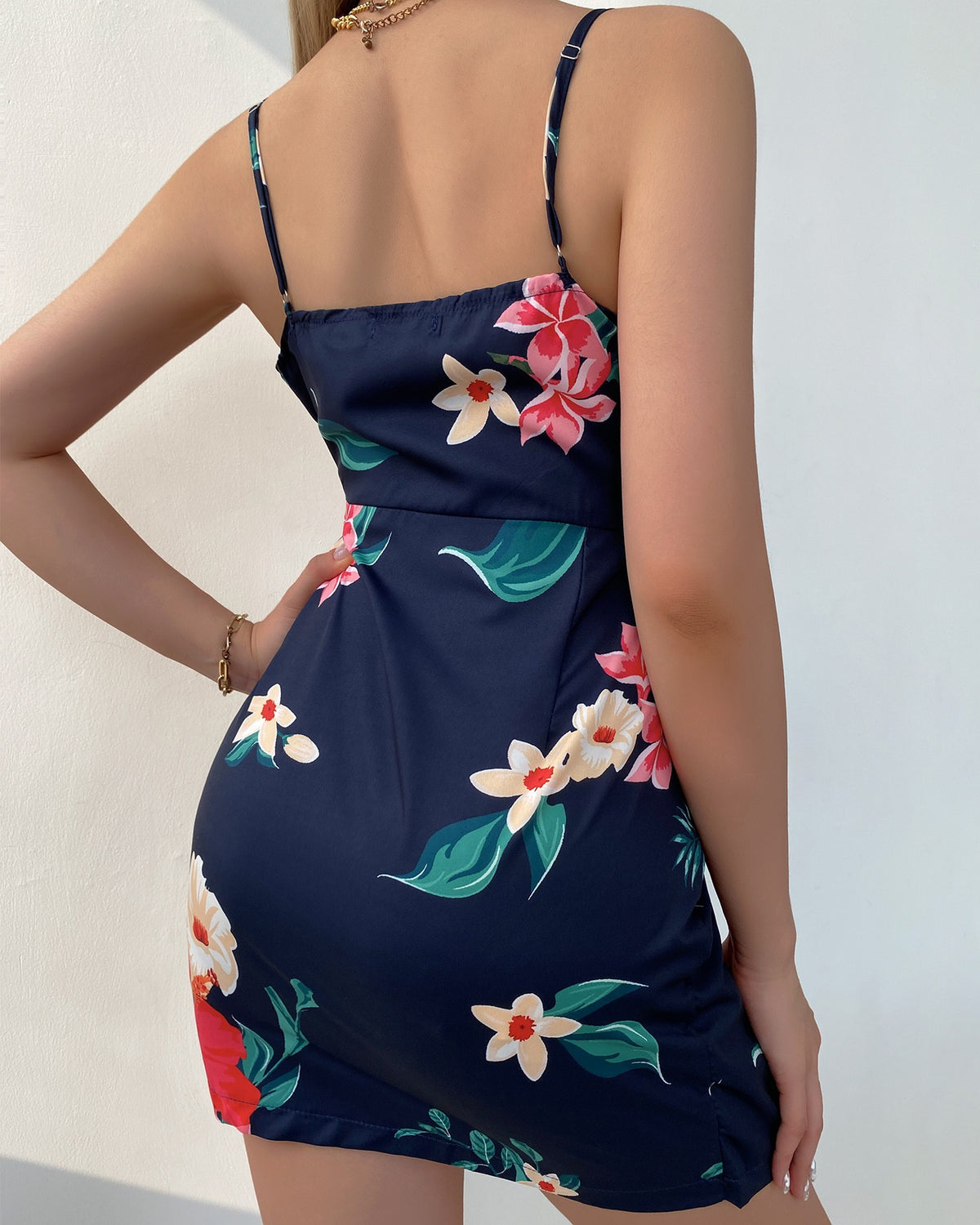 Floral Print V-Neck Wrap Tie Side Cami Dress
