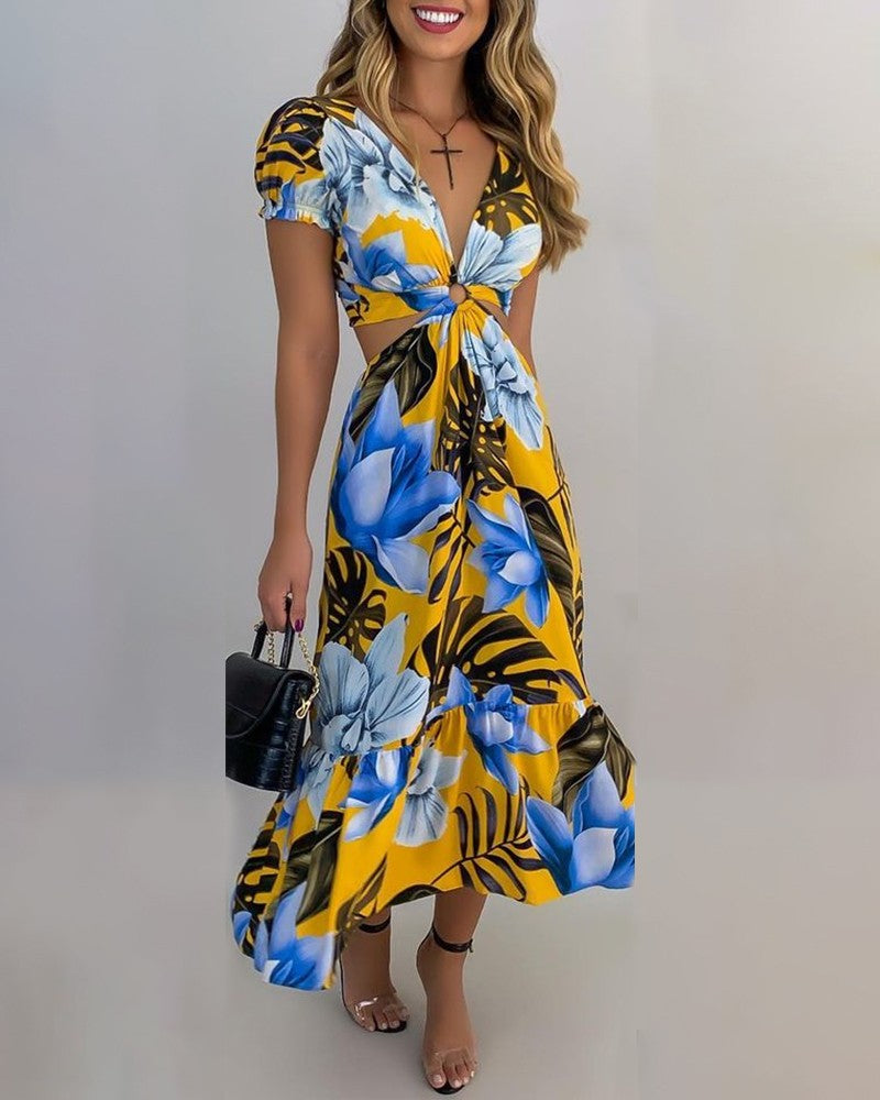 Floral Print Short Sleeve Loose Midi Dress