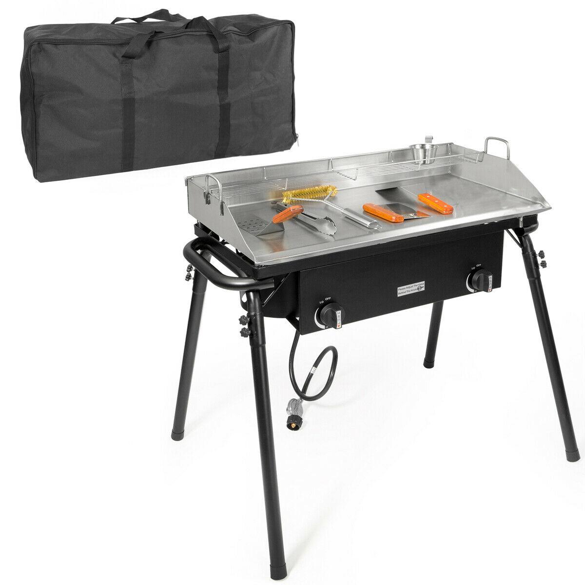 9PC LPG Gas Propane Double Stove Burner w/ Flat Griddle Stainless Comal Plancha