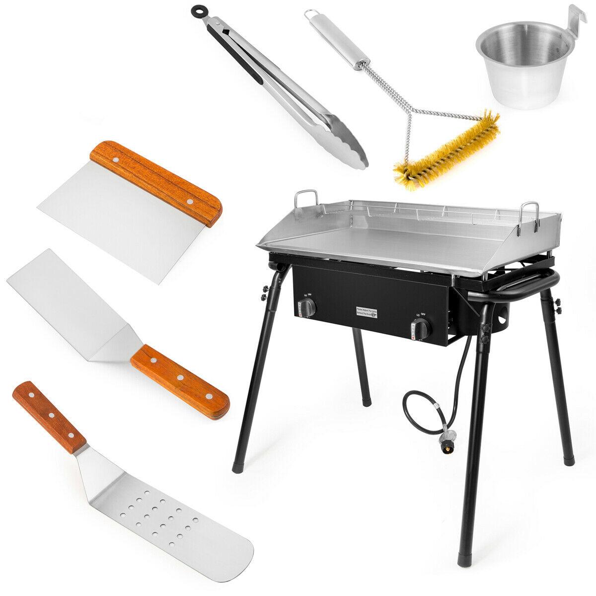 9PC LPG Gas Propane Double Stove Burner w/ Flat Griddle Stainless Comal Plancha