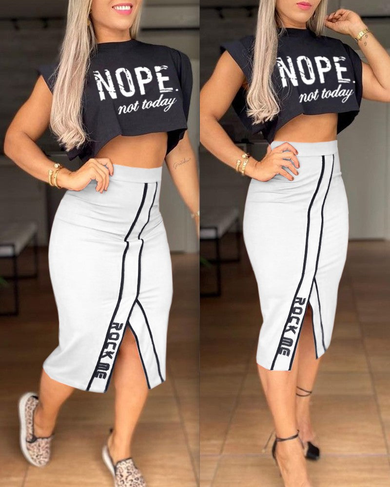Letter Print Short Sleeve Top & Slit Skirt Set