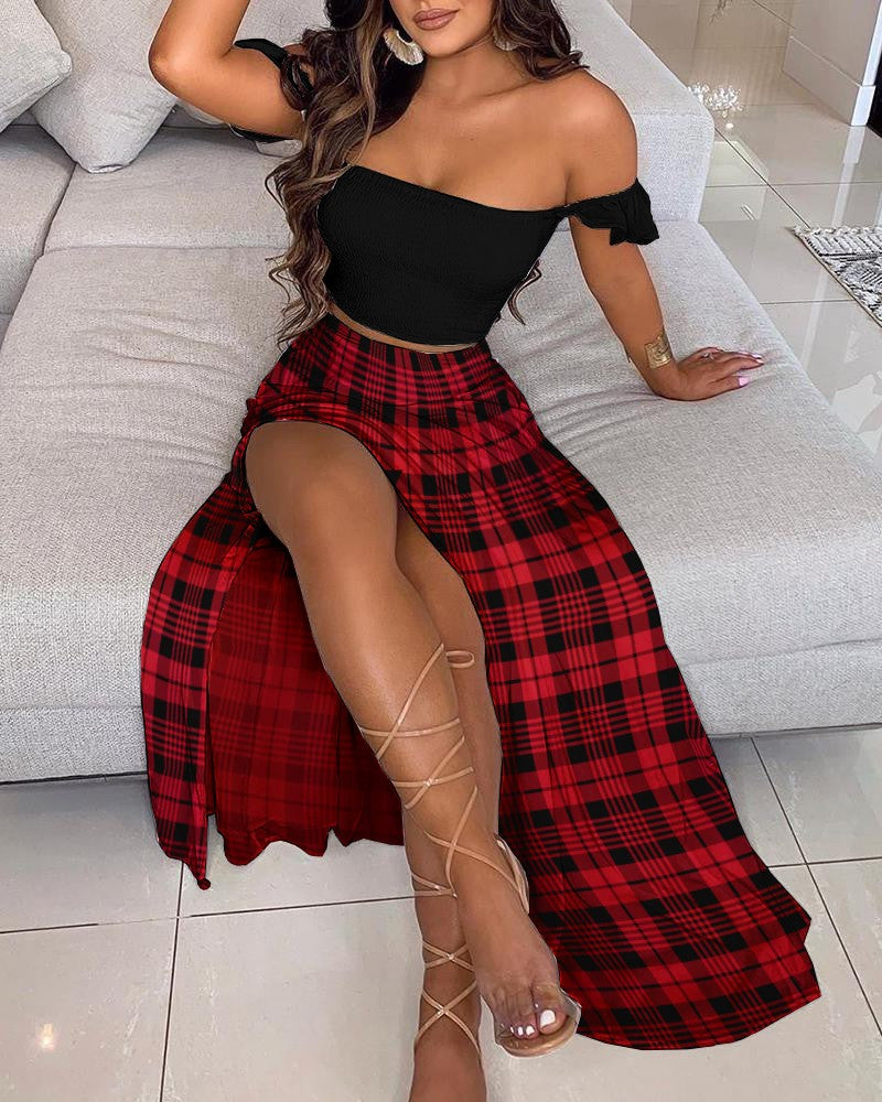Off Shoulder Crop Top & High Slit Plaid Maxi Skirt Set