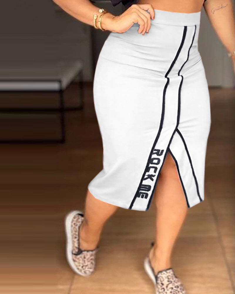 Letter Print Short Sleeve Top & Slit Skirt Set
