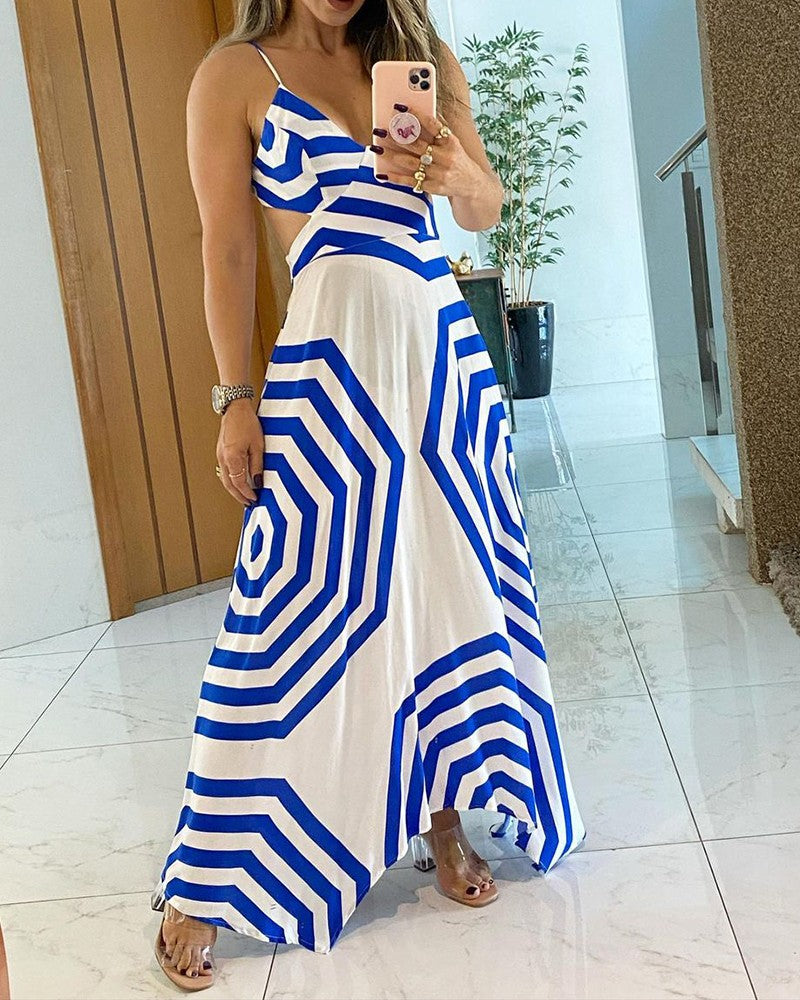 Geo Pattern Print Cutout Waist Maxi Dress