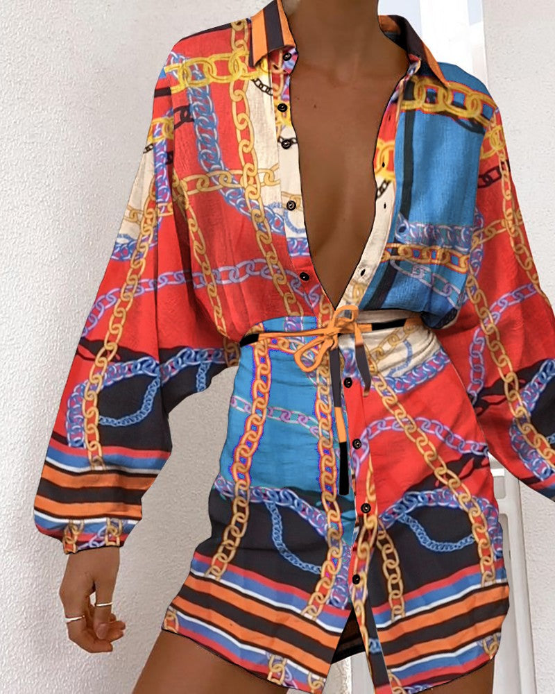Scarf Print Button Design Long Sleeve Shirt Dress