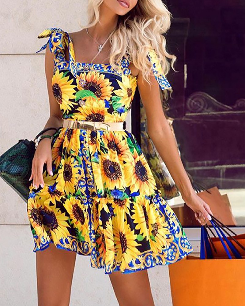 Tied Detail Sunflower Print Dress Without Belt