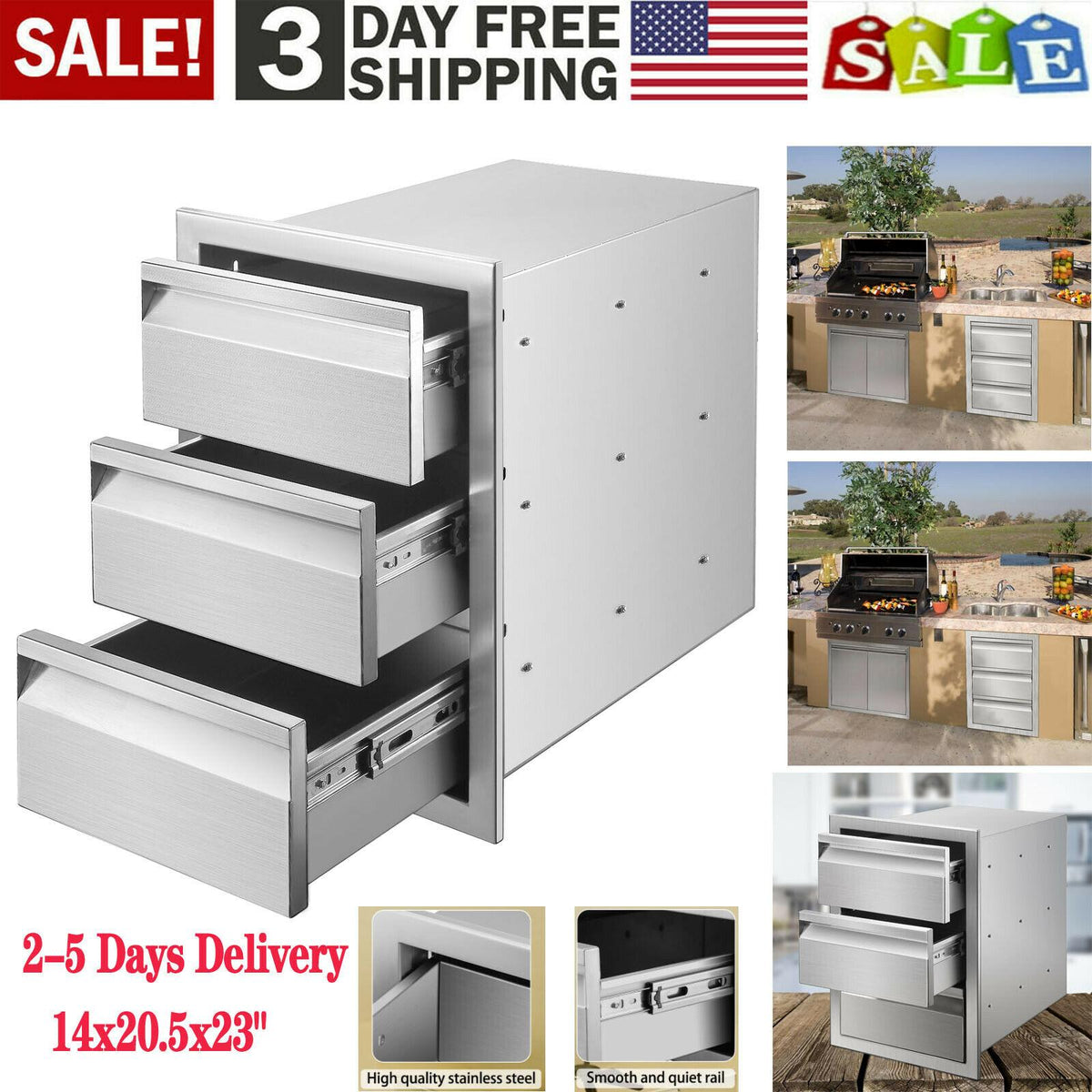 14x20.5x23" OUTDOOR KITCHEN DOUBLE DRAWER BBQ ISLAND STAINLESS STEEL USA