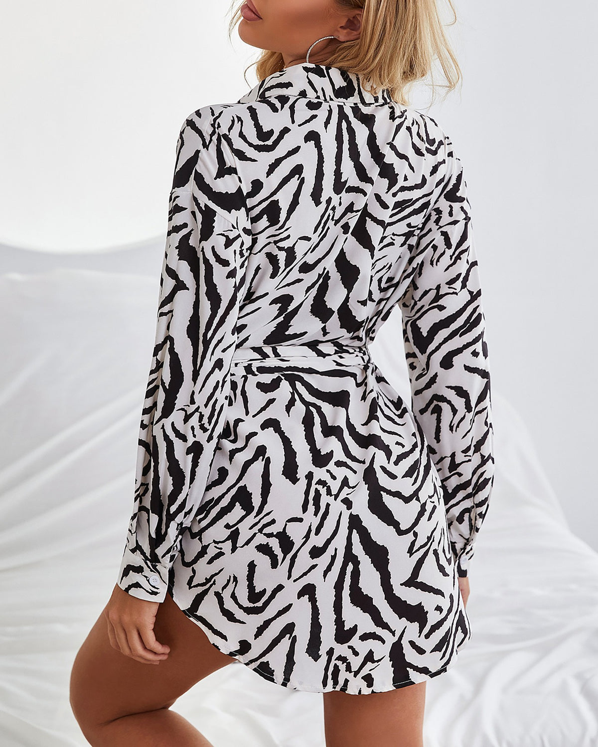 Zebra Stripe Print Long Sleeve Shirt Dress