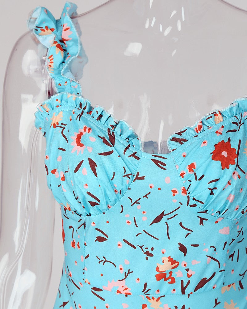 Floral Print Ruffle Trim Dress