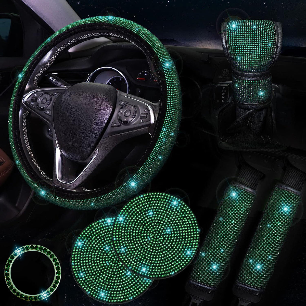 Bling Car Accessories For Women,Bling Steering Wheel Cover Bling Car Coasters Bling Set Seat Belt Shoulder Pads Ring Emblem Sticker Gear Shift Cover