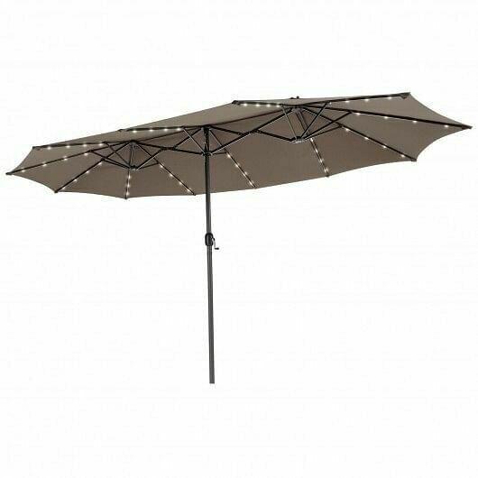 15 Feet Twin Patio Umbrella with 48 Solar LED Lights-Coffee - Color: Coffee