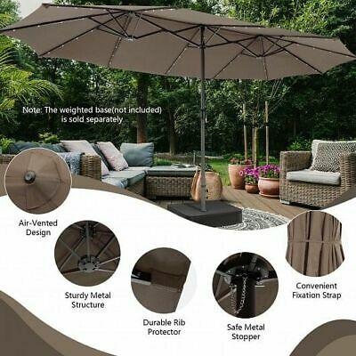 15 Feet Twin Patio Umbrella with 48 Solar LED Lights-Coffee - Color: Coffee