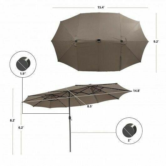 15 Feet Twin Patio Umbrella with 48 Solar LED Lights-Coffee - Color: Coffee