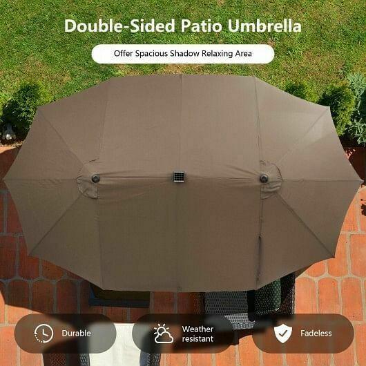 15 Feet Twin Patio Umbrella with 48 Solar LED Lights-Coffee - Color: Coffee