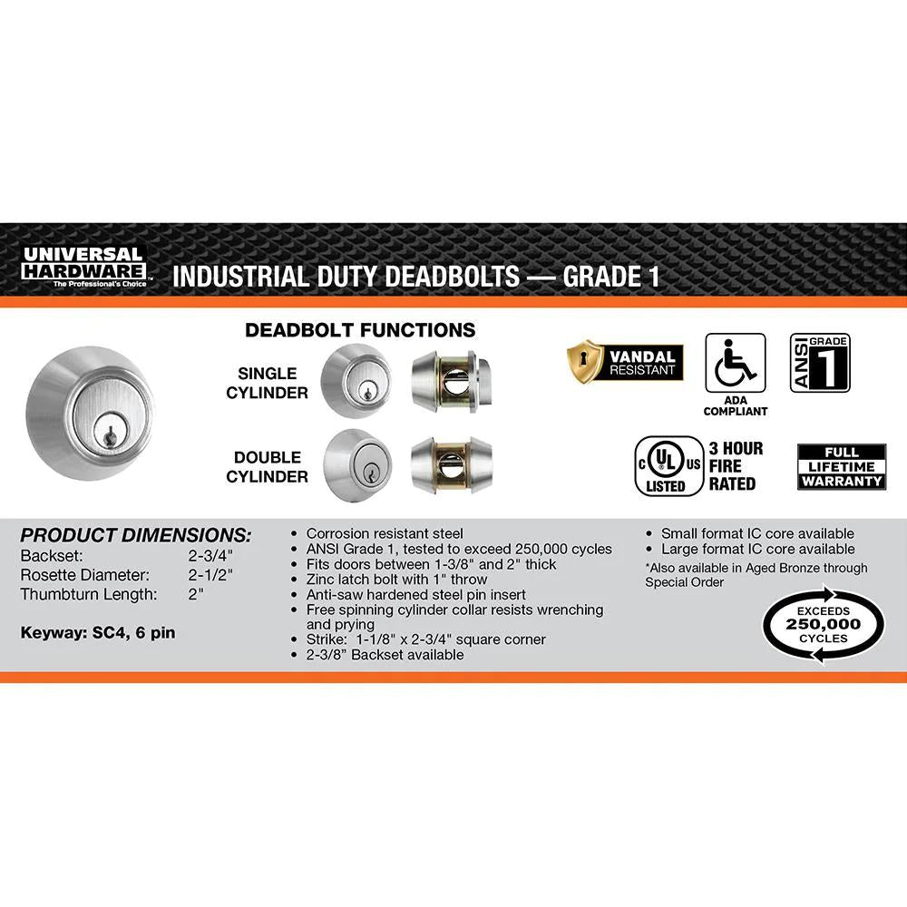 Commercial 2-3/4 in. Single Cylinder Satin Chrome Heavy-Duty Industrial Deadbolt