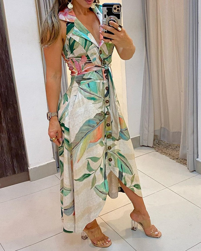Floral Print Button Design Halter Backless Maxi Women Dress