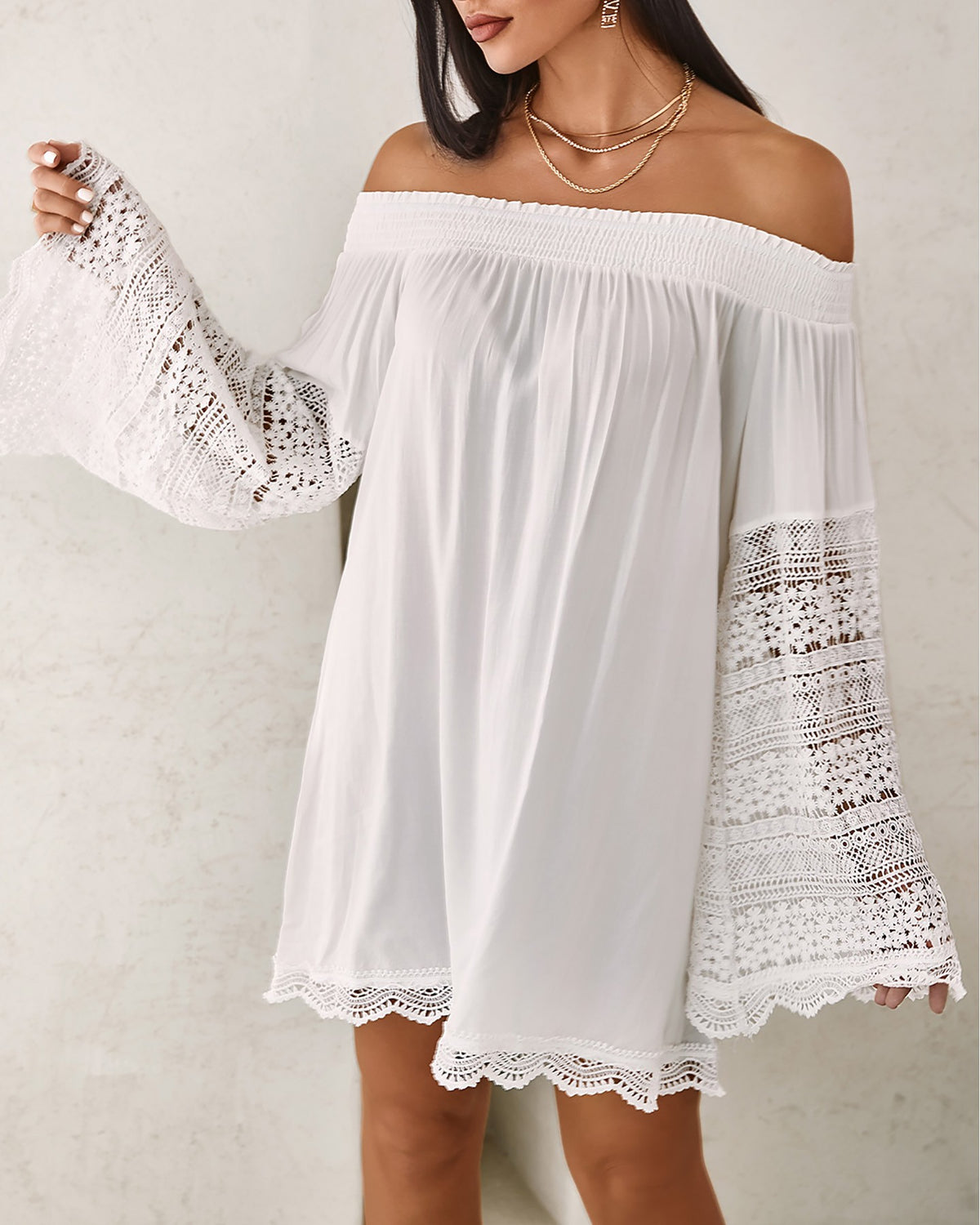 Scallop Lace Trim Bell Sleeve Casual Dress