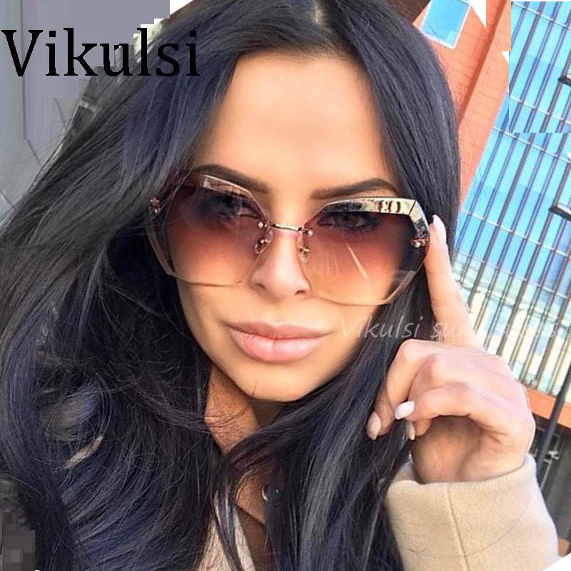 Sunglasses - Elegant Optics Rimless Lunette Femme Oversized Famous Brand Designer Lady Sunglasses