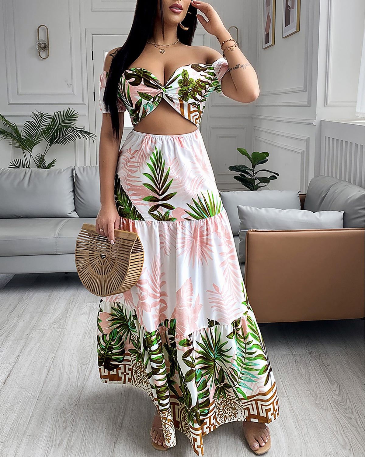 Tropical Print Hollow-out Design Off Shoulder V Neck Maxi Dress