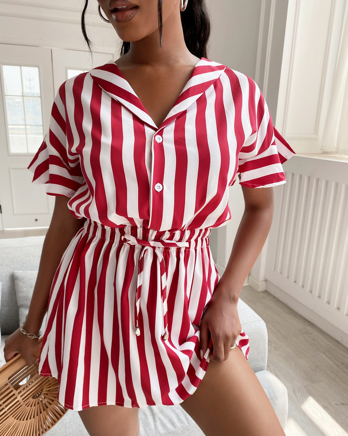 Striped Color Ruffles Shirt Dress