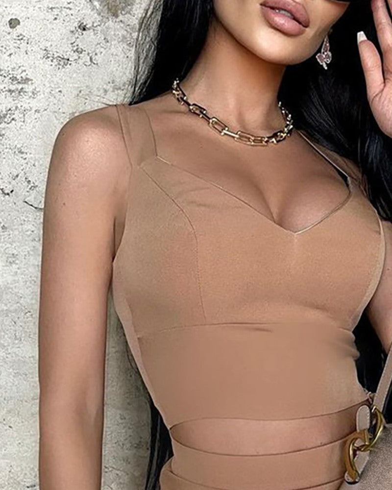 V-Neck Crop Tank Top & High Waist Ruched Skirt Set