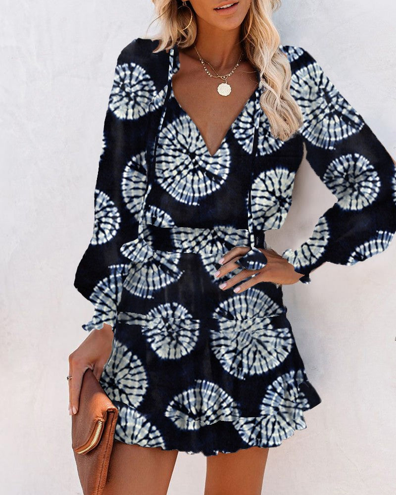 All Over Print ny Waist Long Sleeve Mini Dress