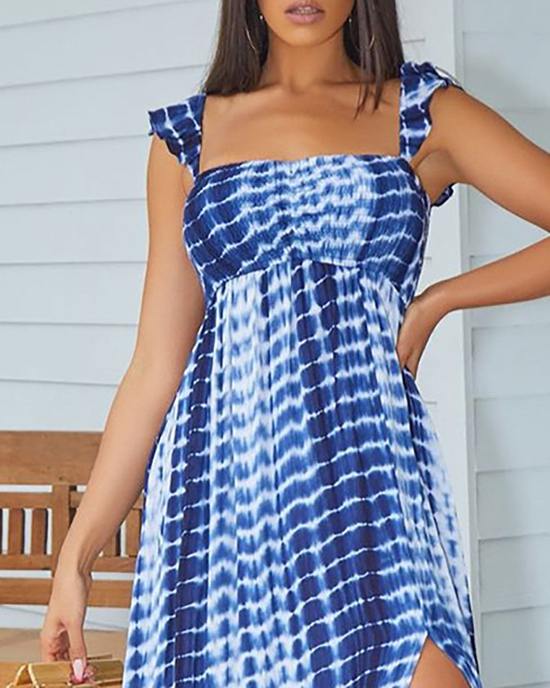 Tie Dye Print High Slit Ruffles Maxi Dress