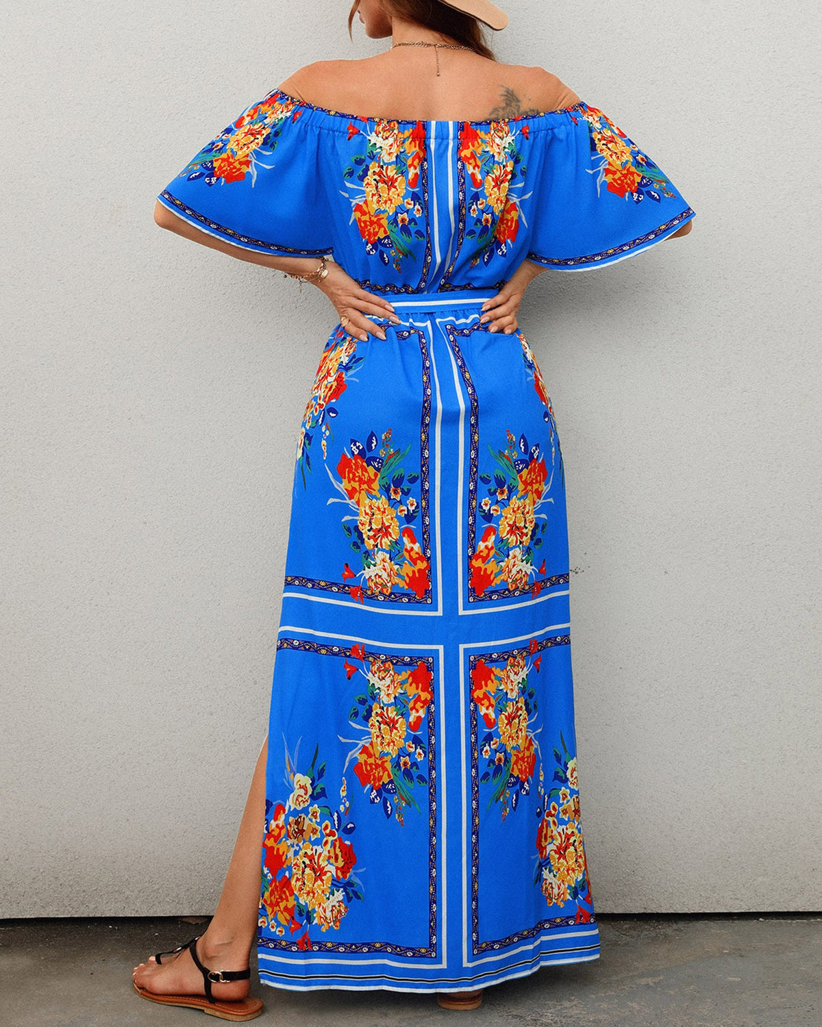 Off Shoulder High Slit Bell Sleeve Floral Print Maxi Dress