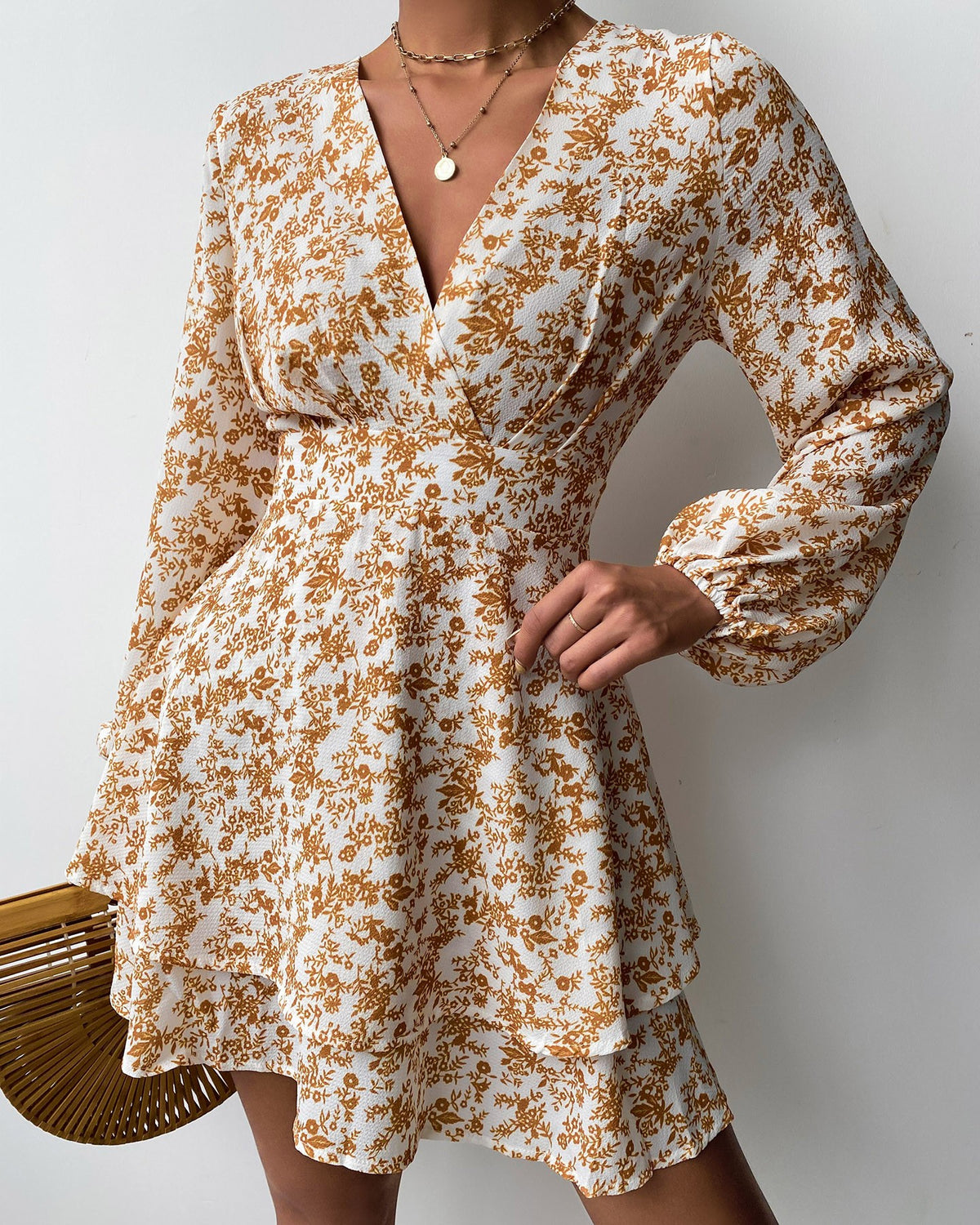 V-neck Floral Print Long Sleeve Dress