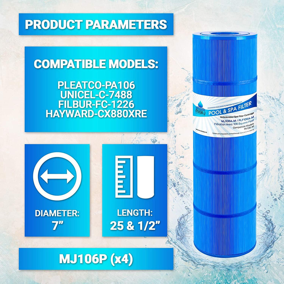 Premium Asepsis-Infused Replacement Swimming Pool Spa Filter Cartridge For Hayward CX880XRE, Pleatco PA106-PAK4, PA106-4, XLS-722, Unicel C-7488, FC-1226, FC-6430, SwimClear C4025 4x106 sq. ft. 4-PACK