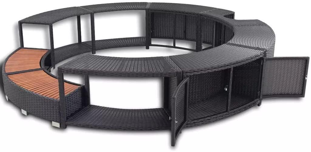 Festnight Hot Tub Surround Garden Spa Steps with Built-in Storage Area and Wood Top Black Poly Rattan Round Backless Bench Swimming Pool Surround