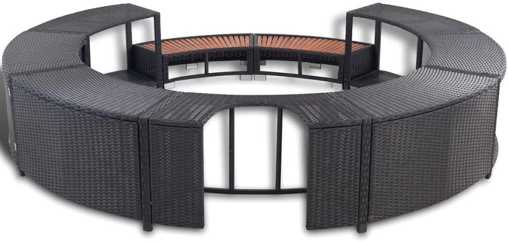 Festnight Hot Tub Surround Garden Spa Steps with Built-in Storage Area and Wood Top Black Poly Rattan Round Backless Bench Swimming Pool Surround