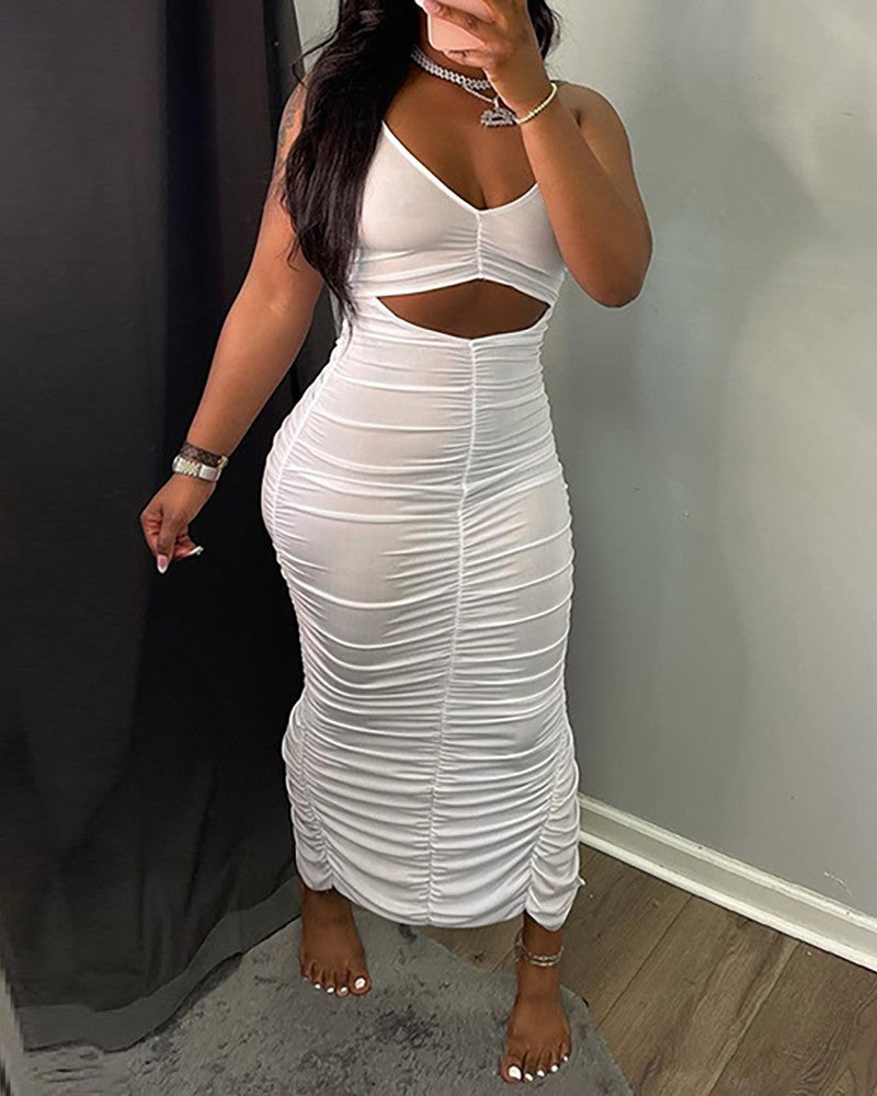 Halter Backless Cutout Ruched Slit Maxi Dress