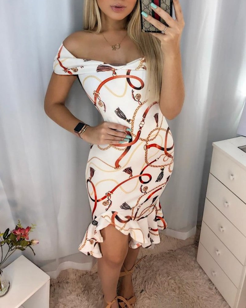 Chain Print Off Shoulder Irregular Ruffles Dress
