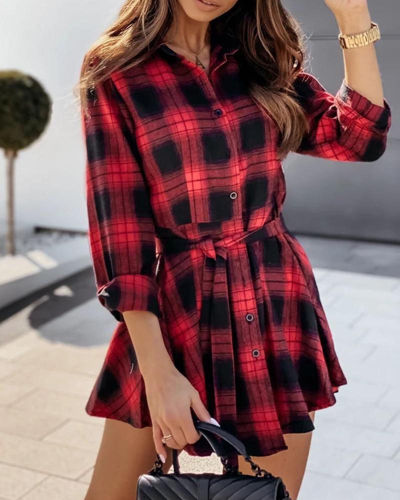 Plaid Color Long Sleeve Women Shirt Dress
