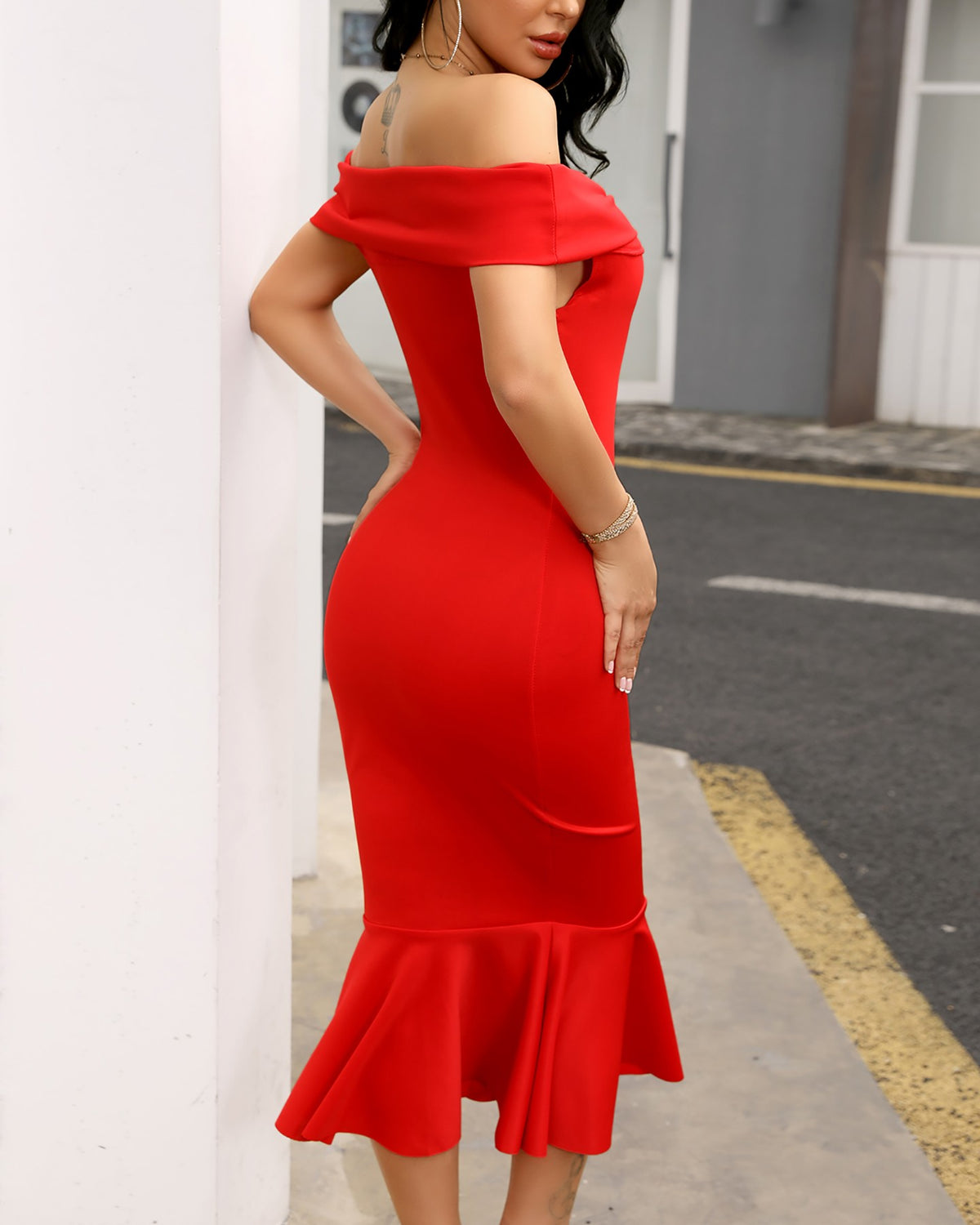 Off Shoulder Ruffles Hem Bowknot Bodycon Dress