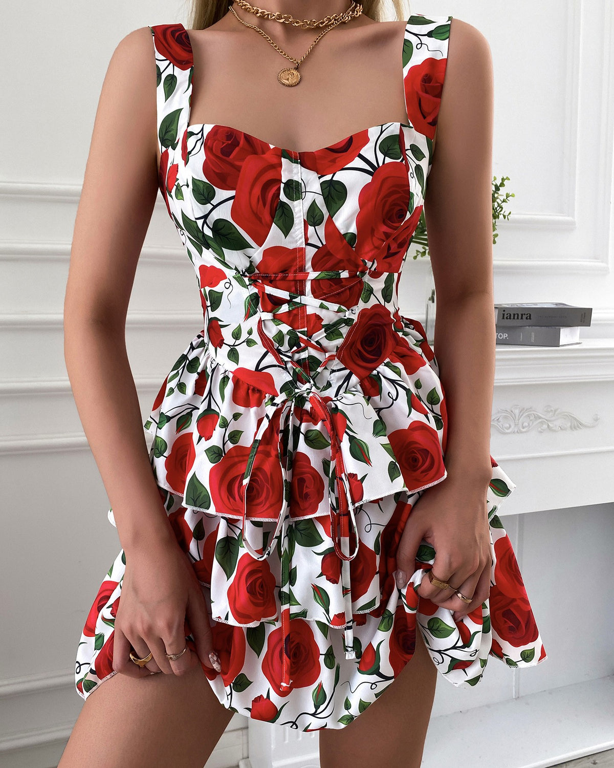 Layered Ruffles Lace-up Backless Floral Print Dress