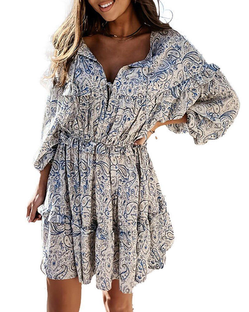 Paisley Print Long Sleeve Frill Hem Ruched Dress