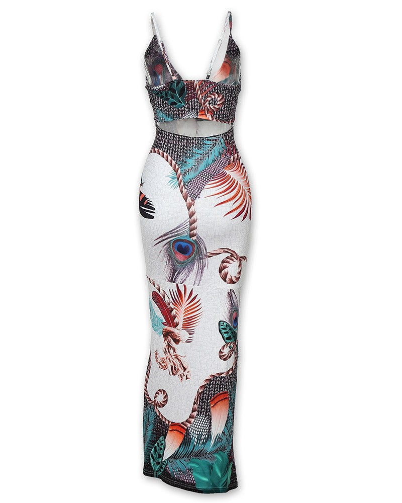 Peacock Feather Print Cutout Back Thigh Slit Maxi Dress
