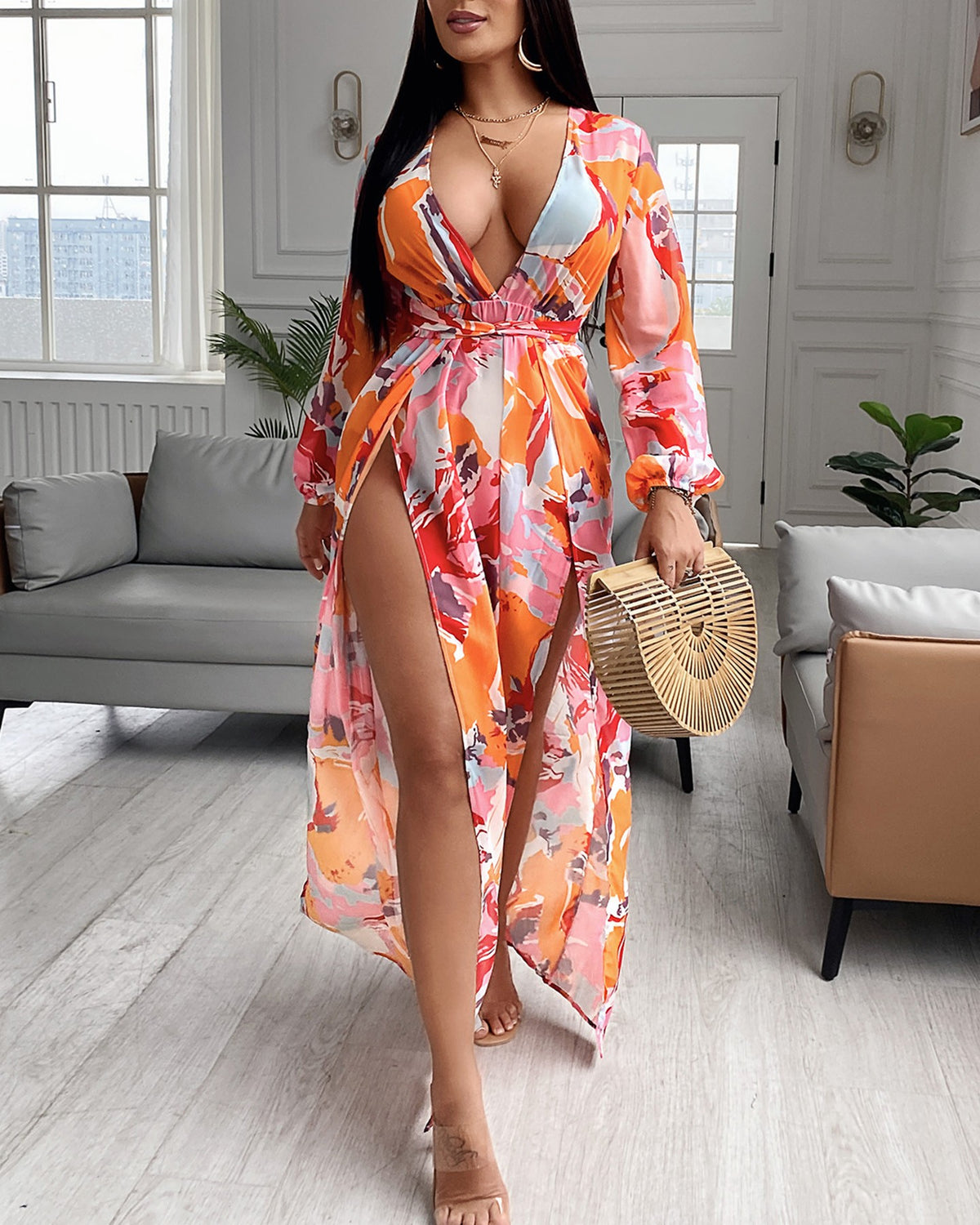 Color High Slit Plunge Lantern Sleeve Maxi Dress
