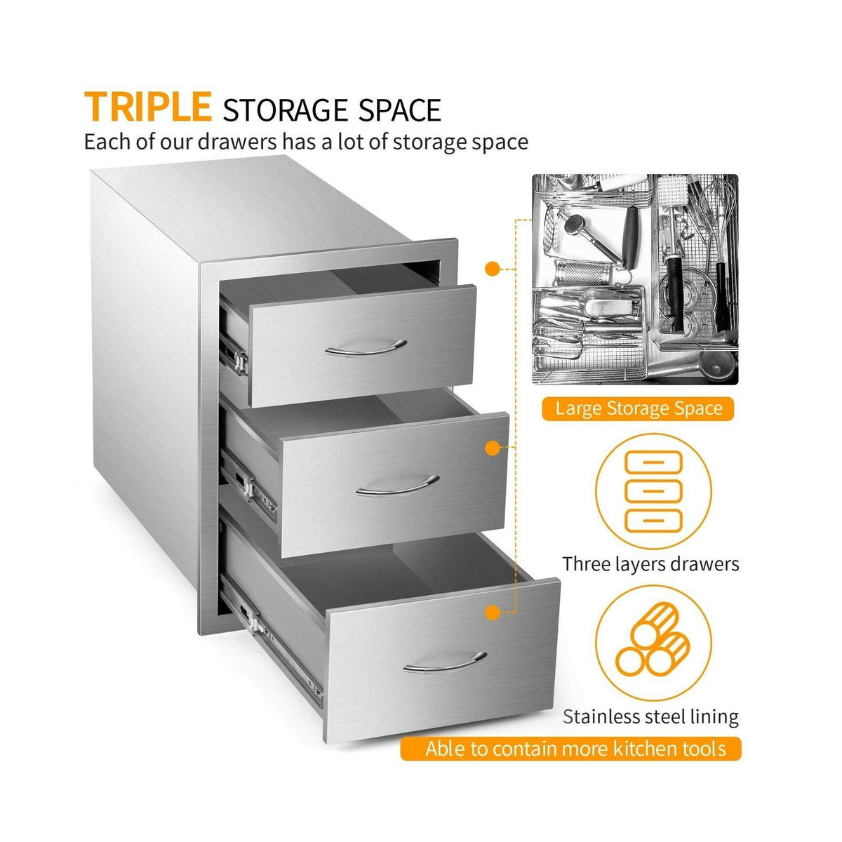 Outdoor Barbecue Drawers, Stainless Steel Kitchen Drawers with Handle,3-Layer...