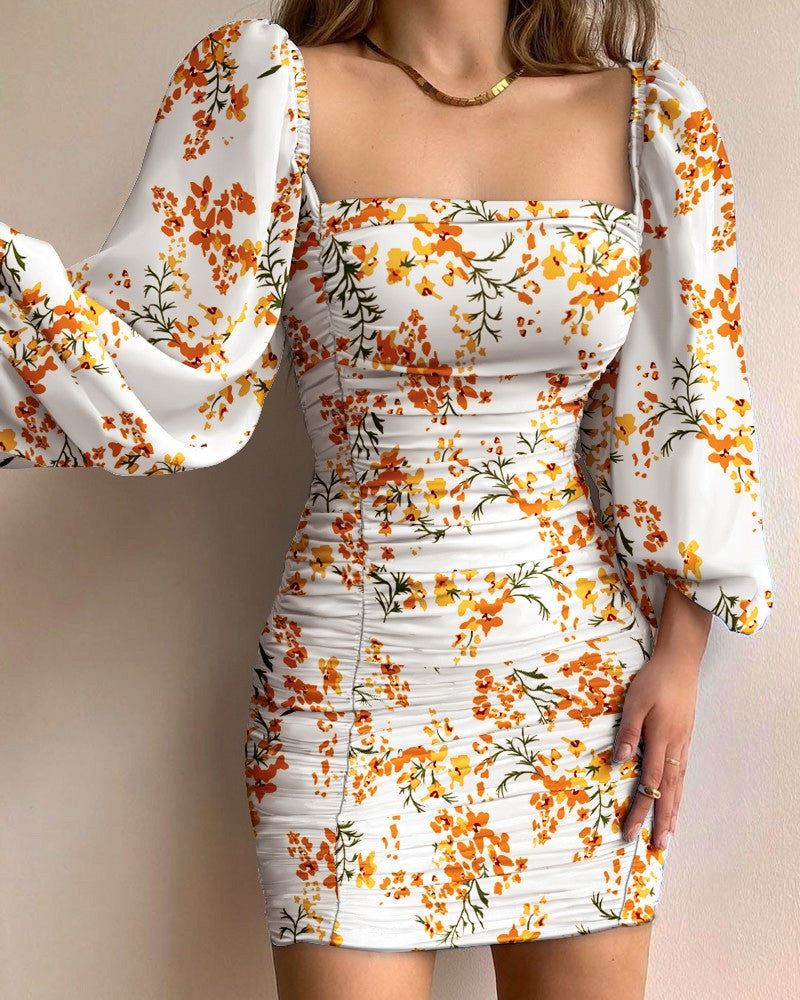 Floral Print Lantern Sleeve Ruched Bodycon Dress