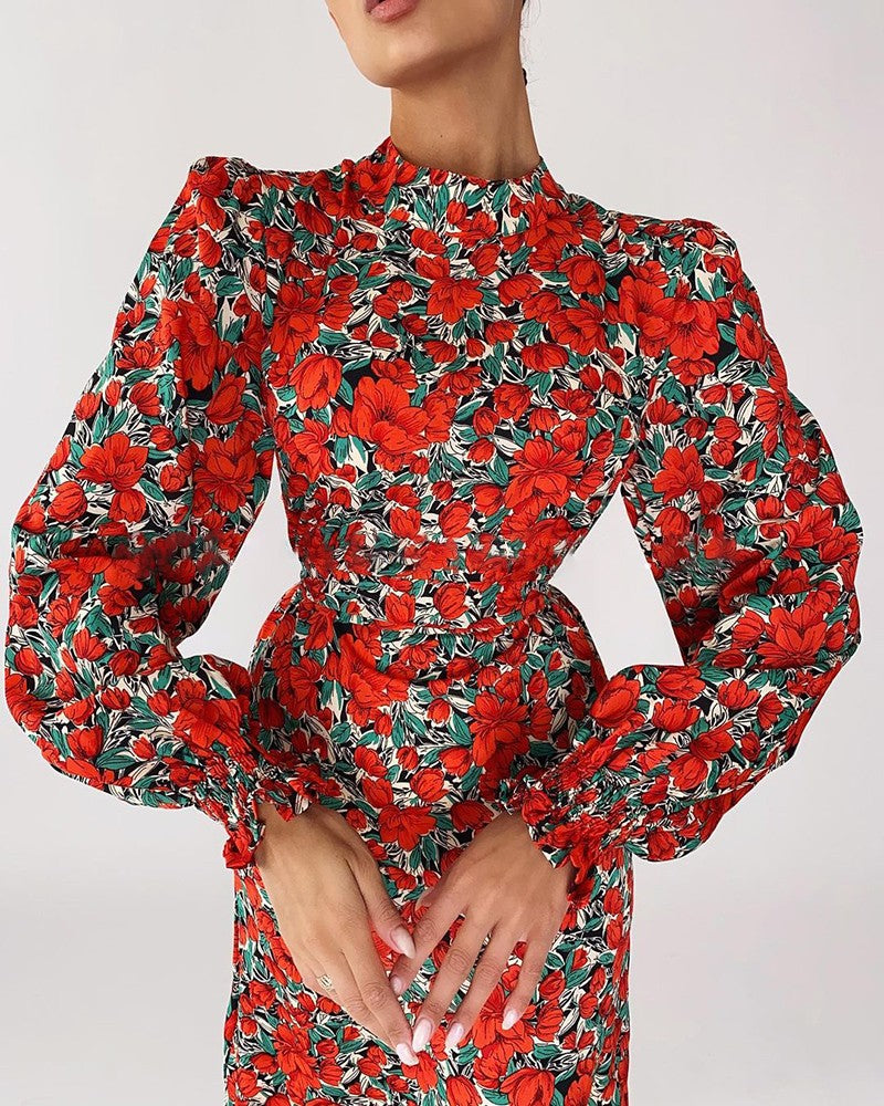 Puff Lantern Sleeve Floral Print Dress