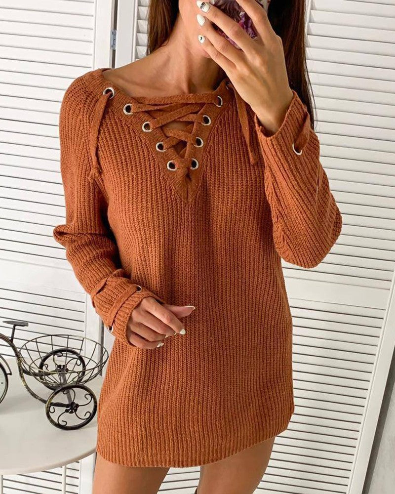 Knit Eyelet Lace Up Long Sleeve Dress