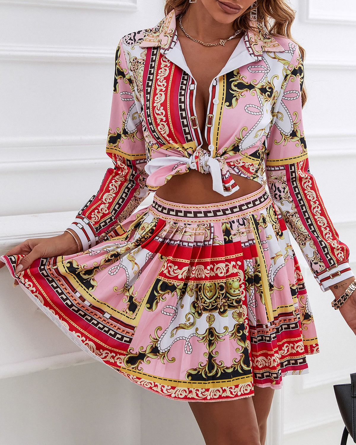 Scarf Print Button Design Shirt & Pleated Skirt Set