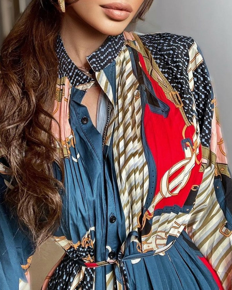 Chain Print Long Sleeve Ruched Shirt Dress