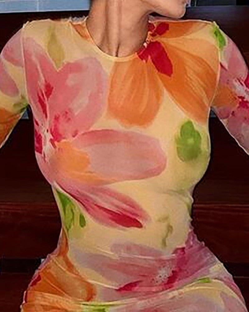 Floral Print Bodycon Long Sleeve Straight Dress