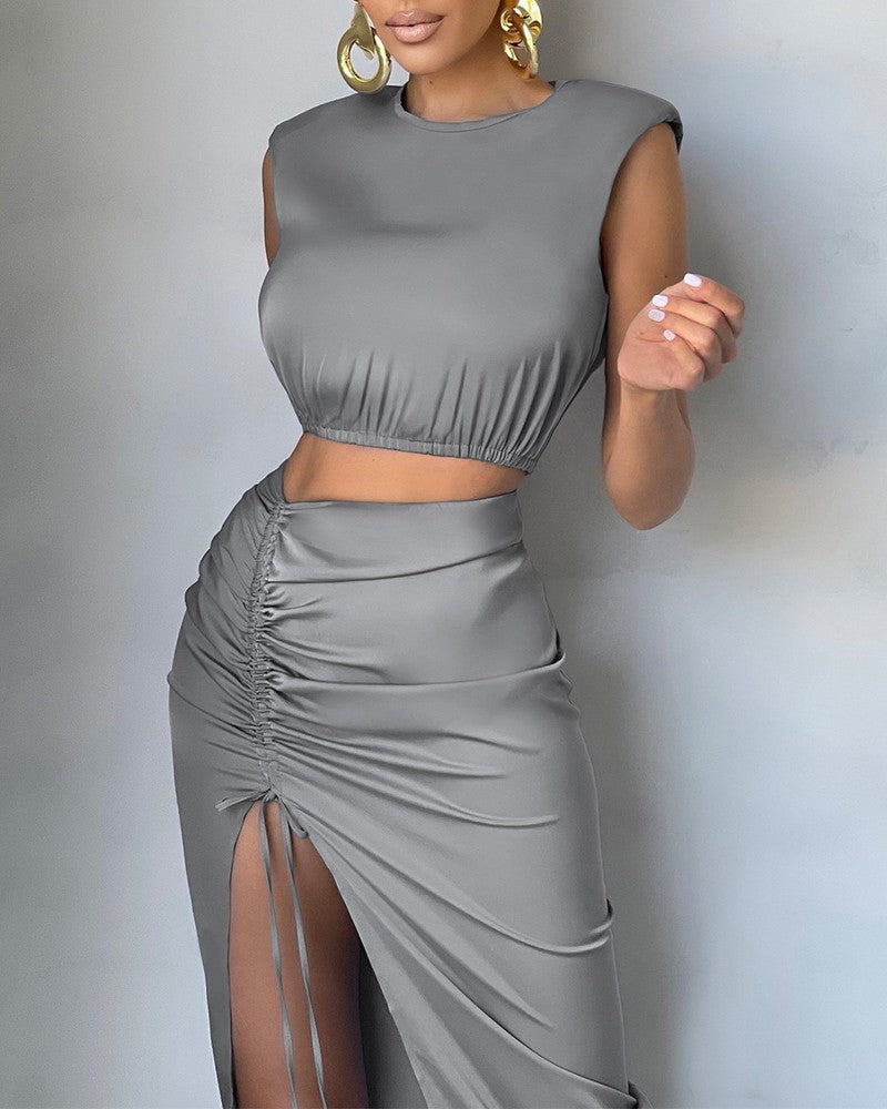 Keyhole Back Crop Tank Top & Drawstring Ruched Split Thigh Skirt Set