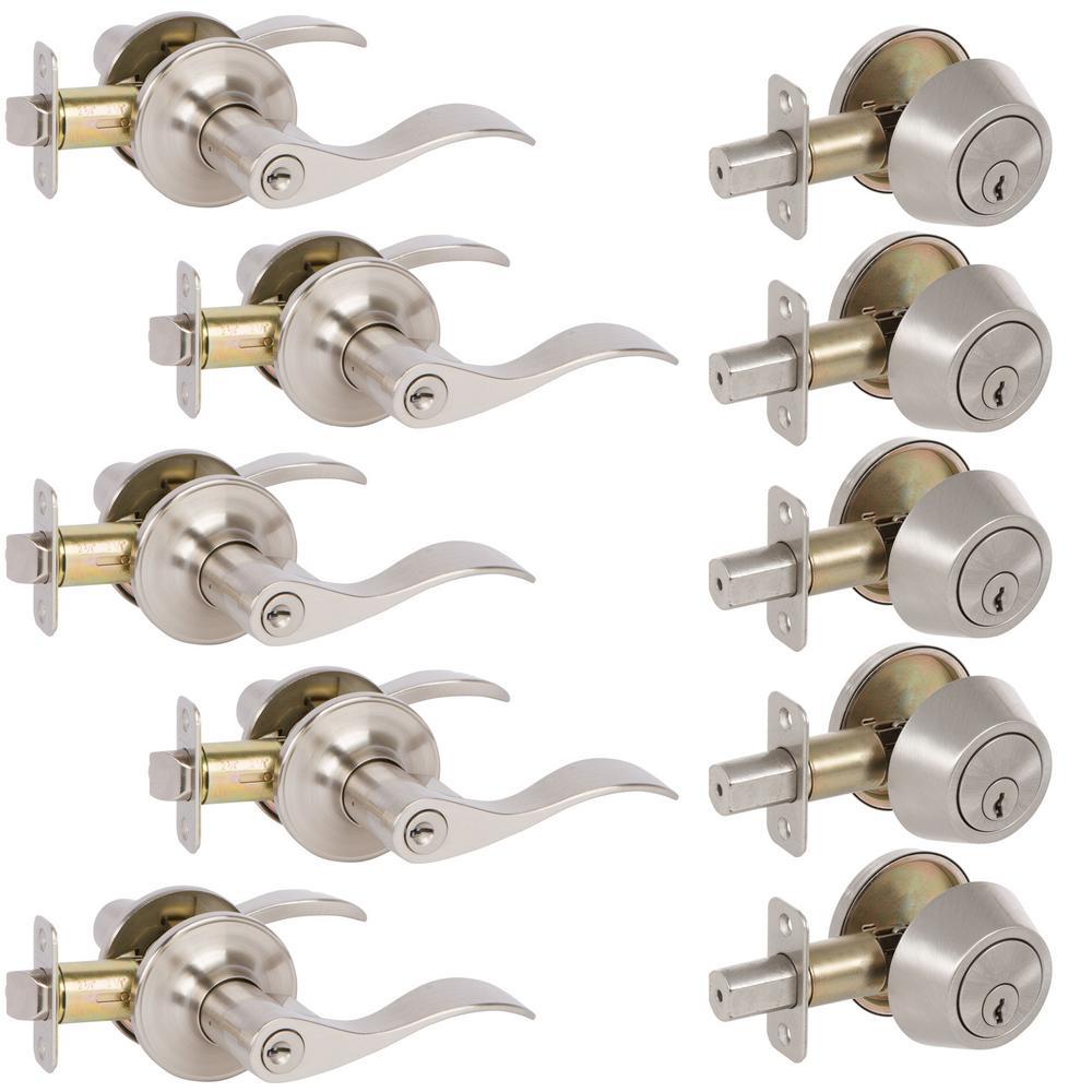5-Bennett Satin Nickel Entry Door Levers and 5-Satin Nickel Single Cylinder Deadbolt All Keyed Alike